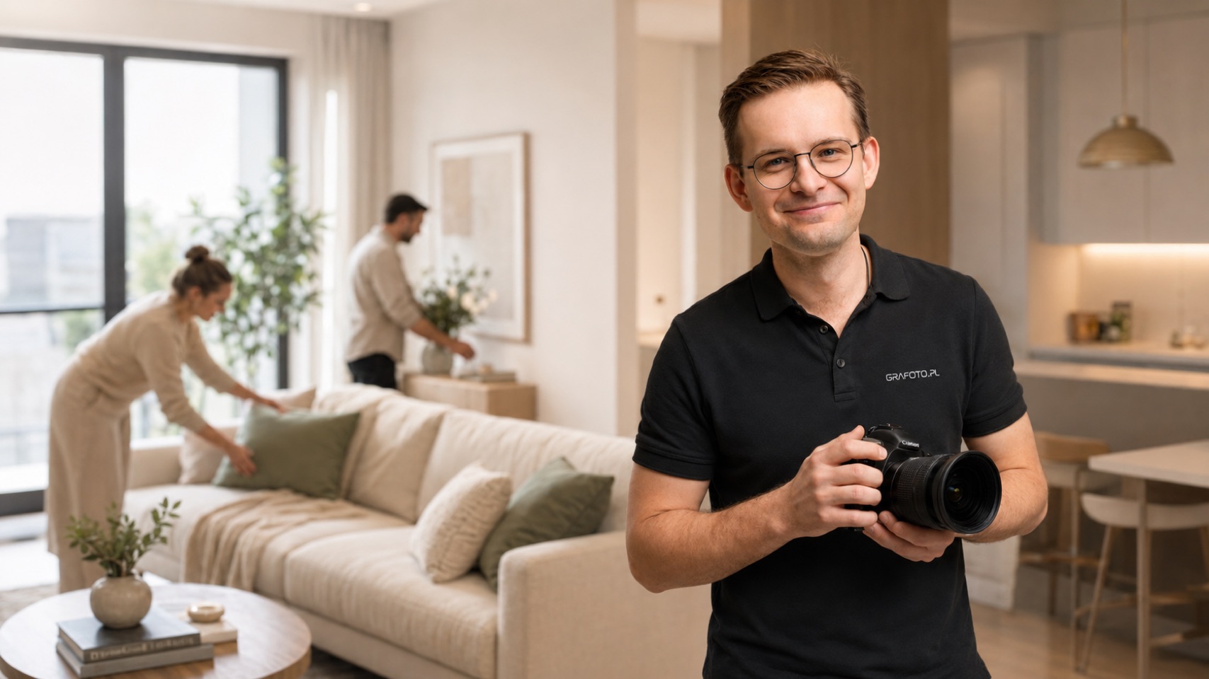 Grafoto photographer with a camera, apartment preparation (home staging) in the background